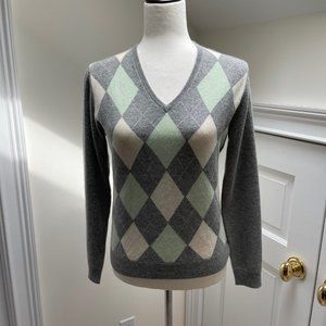 Brooks Brothers V-Neck Grey 100% Cashmere Argyle Sweater - Sz S